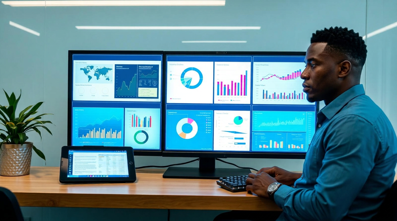 Analyst reviewing survey data and quality checks on screen in a Nairobi office